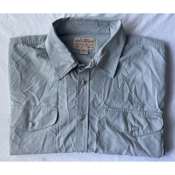 CC Filson Button Up Shirt Mens XL Short Sleeve Grey Light Blue Shirt - Picture 1 of 8